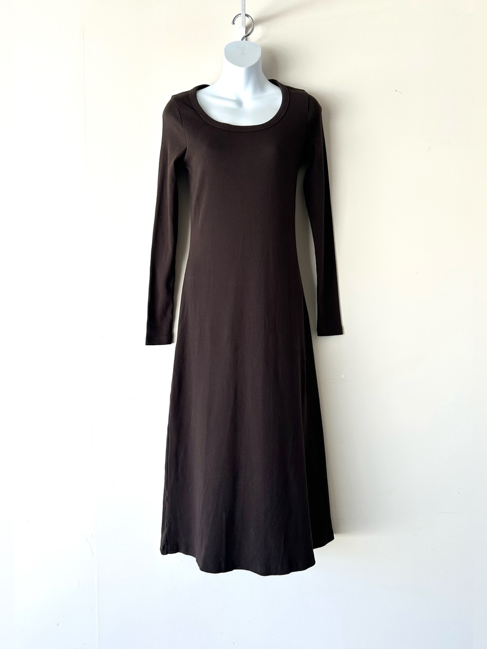 COS Ribbed Jersey Midi Dress Brown XS A Line Slim Silhouette Stretch Scoop Neck
